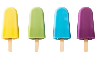 Four colorful fruit ice pops on wooden sticks png isolated on transparent background