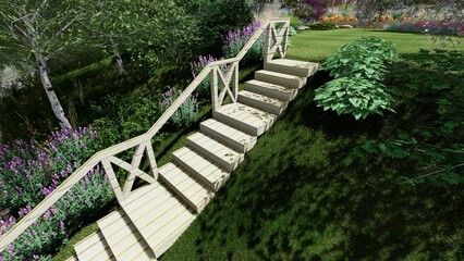 3d image of the landscape design of the home territory. Landscaping of the territory. Computer visualization of composite landscaping and landscaping solutions.