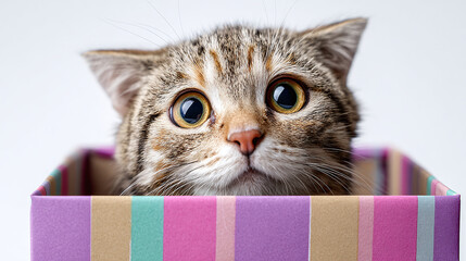 Cat peeking out of gift box with birthday ribbon, playful style, transparent background