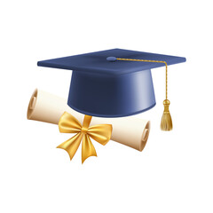 3d diploma scroll with graduate hat. Vintage roll paper