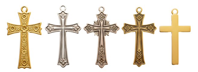 Collection of ornate and simple cross pendants in gold and silver tones png isolated on transparent background