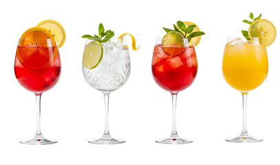 Four refreshing cocktails with ice garnishes and fruit slices PNG isolated on transparent background