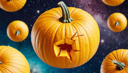 Pumpkins floating on pastel space background