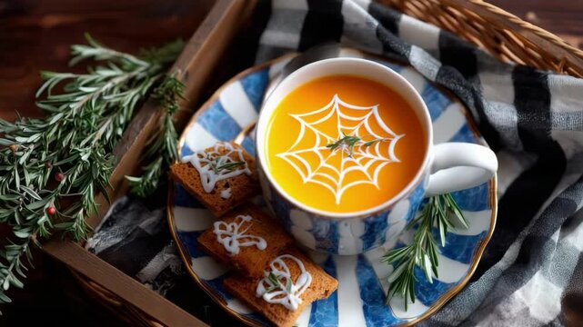 A cup of orange pumpkin soup with a spiderweb design, rosemary sprig, and gingerbread cookies on a tray for Halloween. All Hallows Eve, Samhain
