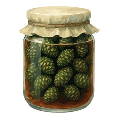 Watercolor jar of fir cone jam. Vector isolated on white background.