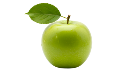 Green Apple with Leaf:  Isolated on Transparent Background