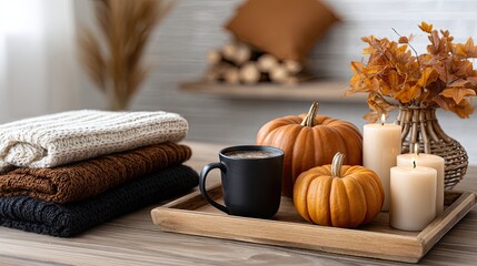 Enjoying a warm cup of tea beside an open fireplace surrounded by pumpkins and soft candlelight enhances the autumn vibe