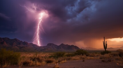 Dramatic landscape shows lightning strike nature's power under storm clouds. AI generated