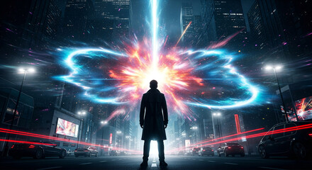 Man Facing Vivid Energy Explosion in Futuristic City – Surreal Urban Light Burst and Abstract Sci-Fi Concept