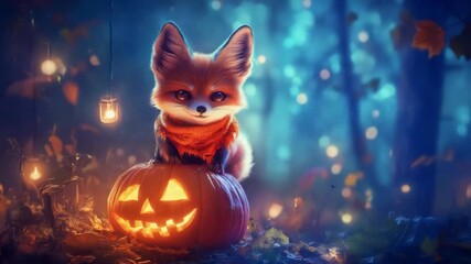Adorable fox cub sits atop a glowing jack-o'-lantern in a magical autumn forest. Halloween animal fantasy with enchanting lights. All Hallows Eve, Samhain - Powered by Adobe