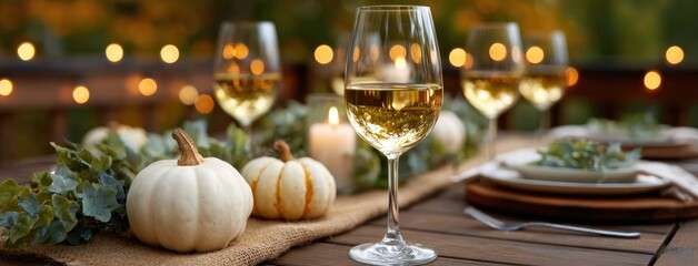 Delightful autumn dinner arrangement outdoors showcasing pumpkins, candles, and white wine glasses for a cozy fall celebration