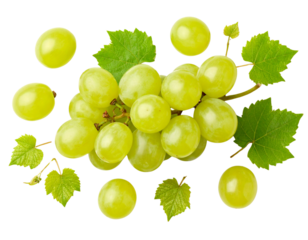 Scattered Green Grapes and Leaves, Diagonal Layout, Natural Look, Isolated on White