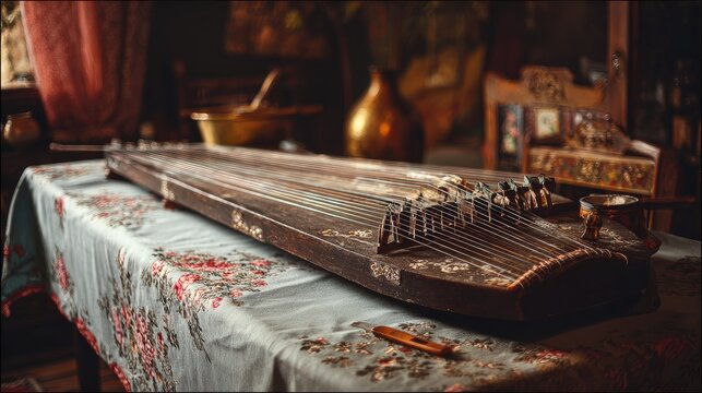 Antique zither on a floral tablecloth