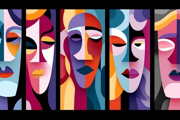 A pattern of abstract faces in a cubist style, featuring geometric shapes and bold, contrasting colors for a modern artistic composition.