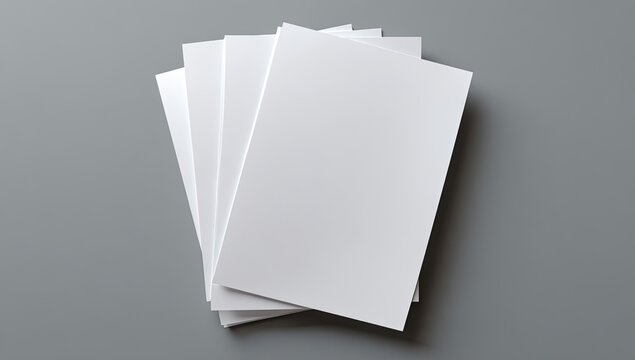 Stack of blank white brochures on gray surface