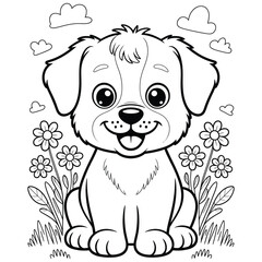 Fototapeta premium Cute cartoon puppy sitting with big smile surrounded by flowers line art vector for kids coloring page