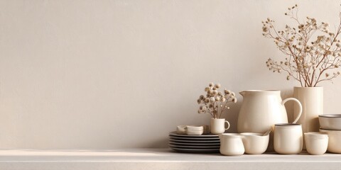 Cream-colored tableware and dried flowers on a light beige shelf