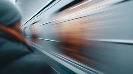Blurry image of a train with a person in the foreground
