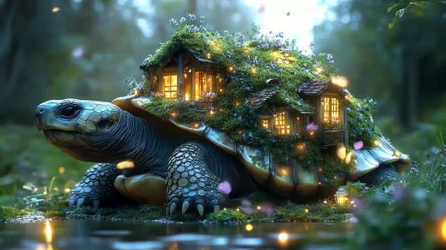 A giant tortoise with a miniature village on its back surrounded by a blurred forest setting and serene water reflection
