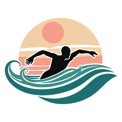 Swimming Silhouette with Sunset Waves Vector