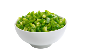 a bowl of green peppers on a white background