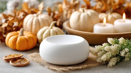 Autumn decorations create a cozy atmosphere with pumpkins, dried oranges, candles, and an inviting aromatherapy diffuser nearby