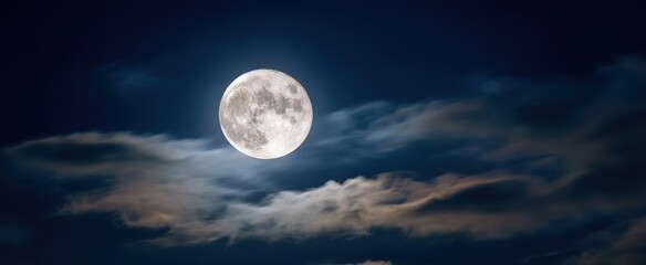 The stunning moon illuminated against a backdrop of soft clouds at night.