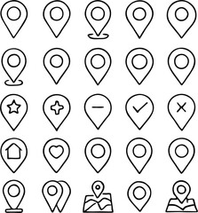 Map pin vector icon set features location markers, GPS symbols, navigation points, destination pins, route tracking, geotags, and travel or map-based indicators.

