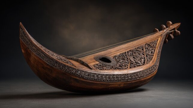 Ornate wooden stringed instrument,  flowing curves