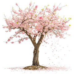 Beautiful blooming cherry blossom tree with falling petals in soft pink isolated on transparent background