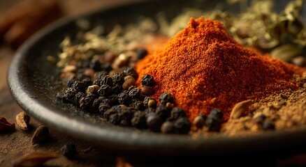 Close-up of assorted spices on dark plate