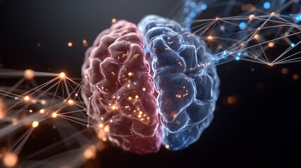 Brain connects to digital network with glowing connections digital art. AI generated.