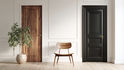 A minimalist hallway with a wooden and black door