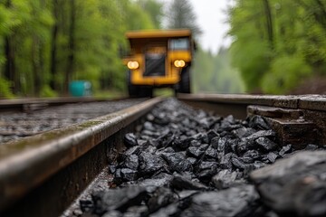 Yellow dump truck on railway tracks in forest