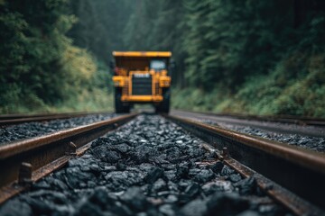 Yellow mining truck on railroad tracks in a forest