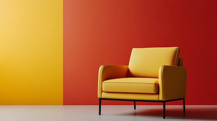 Yellow armchair in a room with contrasting yellow and red walls.