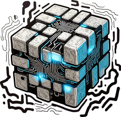 3D cube illustration of an electronic circuit board with technology and construction design elements