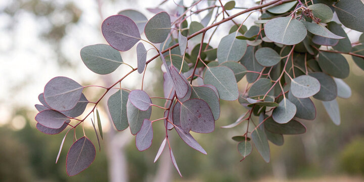 Silver dollar eucalyptus branches featuring round, silvery green leaves gently swaying in the breeze, evoking a serene and peaceful atmosphere characteristic of autumn