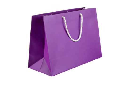 A single purple paper gift bag with white rope handles isolated on transparent background - Powered by Adobe