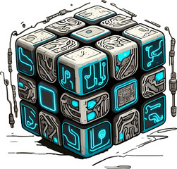 Abstract digital background with a 3D render of a creative idea symbol made of many spheres, featuring an alphabet block icon pattern illustration