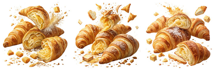 Set of Fresh baked butter breakfast croissants and crumbs falling flying  isolated on a transparent background