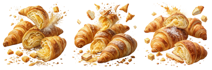 Set of Fresh baked butter breakfast croissants and crumbs falling flying  isolated on a transparent background