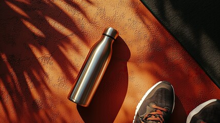 Sporty setting with water bottle, shoes, and exercise mats ready for workout on vibrant surface