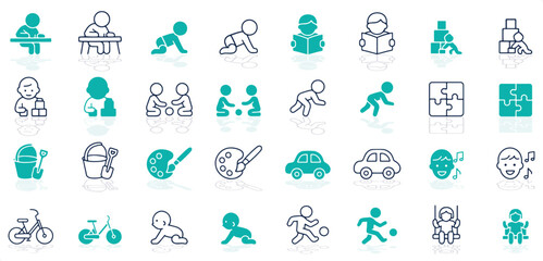 Fototapeta premium Child Development and Learning Activities Toys Icon Set Flat and Outline Vector Collection.