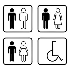 Restroom signs with figures and wheelchair male figure
