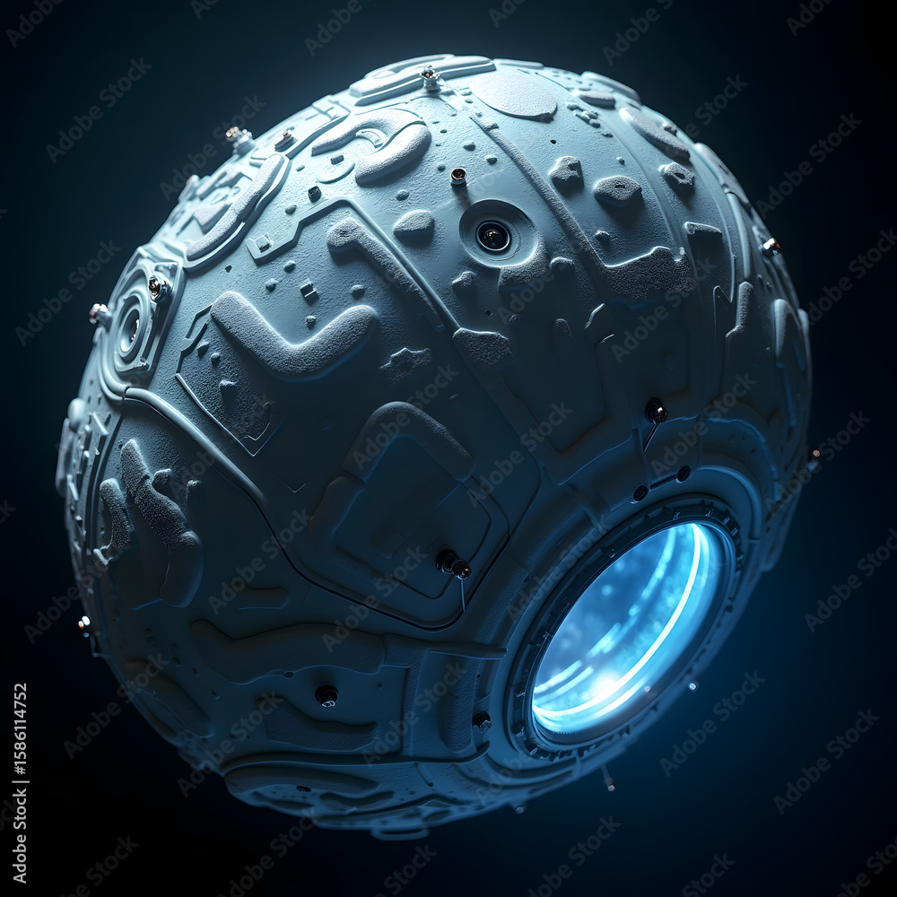 Fototapete a spherical, futuristic object with intricate surface details and a glowing blue light emanating fro