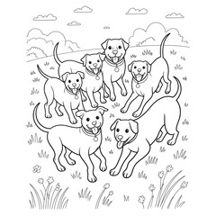Group of dogs from multiple breeds playing together in a field vector for fun and friendly kids coloring page