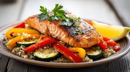 Delicious Grilled Salmon Fillet served with Quinoa Vegetables and Fresh Herbs.