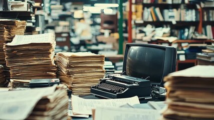 Vintage office scene with a typewriter and stacks of papers in a cluttered library background