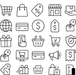 Shopping vector icon set includes carts, bags, online stores, discounts, credit cards, price tags, delivery boxes, storefronts, sales, and customer purchases.

